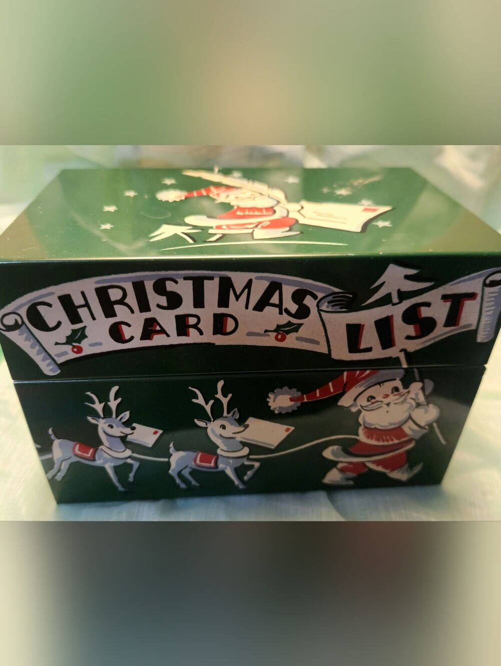 Vintage Mid Century Painted Green Metal Christmas Card List Box With Cards